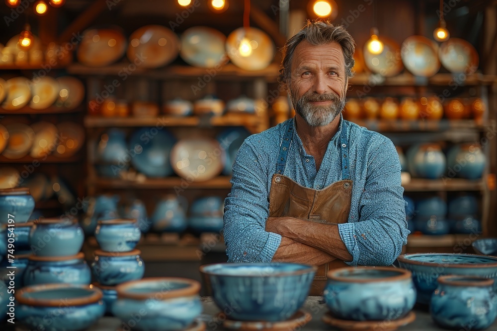 Smiling mature male artisan in a blue shirt stands with arms crossed in a studio full of ceramic ware Smiling mature male artisan in a blue shirt stands with arms crossed in a studio full of ceramic ware