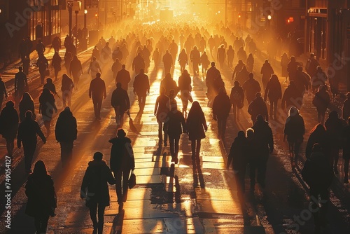 Bustling city street at sunset with a golden glow casting long shadows, highlighting the hustle of urban life