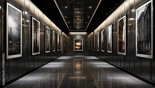 A large hallway full of pictures of the hallway  elevator  and art gallery