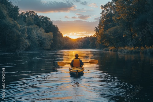 A tranquil scene of a kayaker paddles down a serene river as the sun sets, casting a warm glow over the forest photo