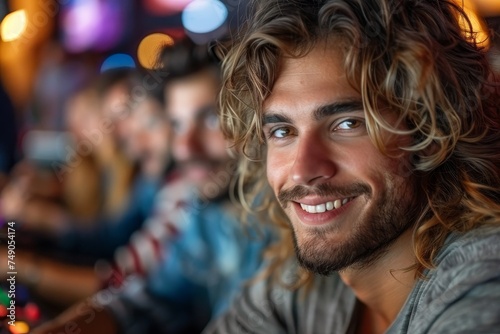 A young man with curly hair and a pleasant smile, sitting in a bar with blurred friends in the background