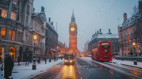 UK London big ben clock and bridge and bus vector illustration