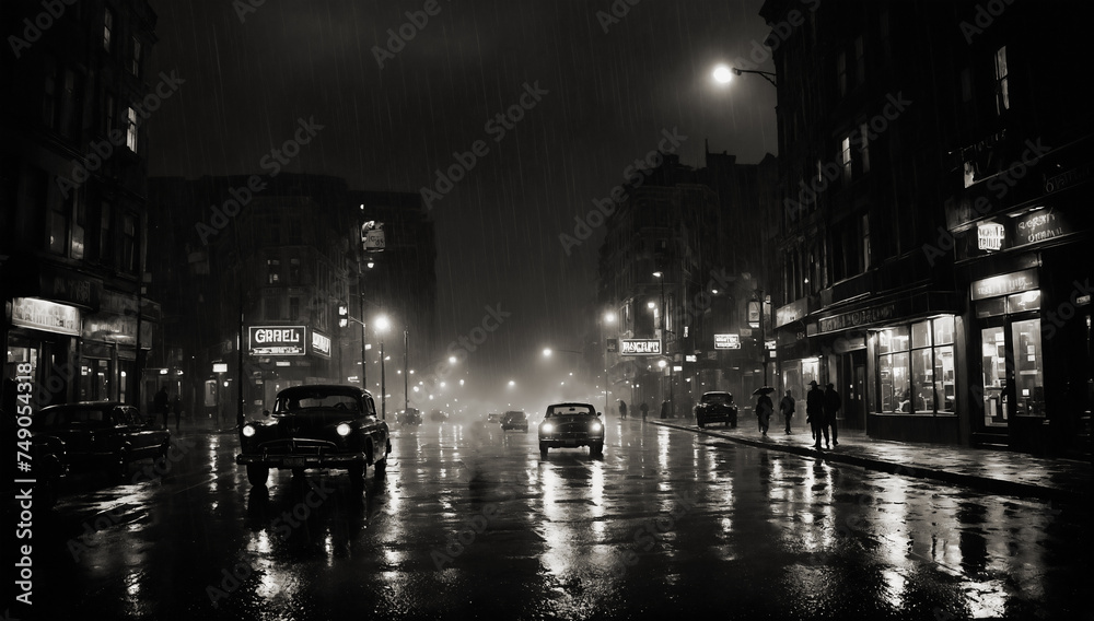 Fototapeta premium Film noir style monochrome image of a rainy city street at night with cars on the and people walking past lamp lit shops and buildings reflected on the wet ground