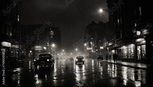 Film noir style monochrome image of a rainy city street at night with cars on the and people walking past lamp lit shops and buildings reflected on the wet ground