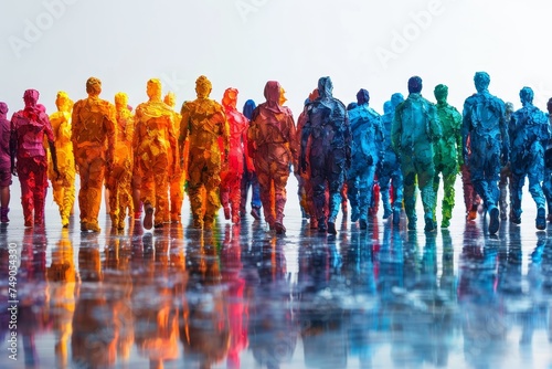 Artistic portrayal of a vibrant, diverse crowd of people walking on a reflective surface