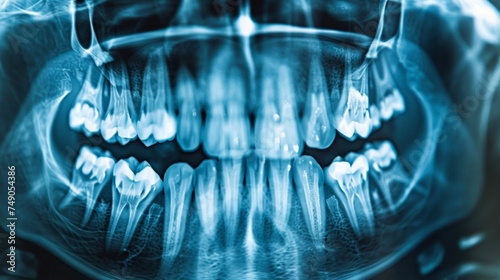 A closeup of a dental xray image being assessed by AI software for signs of early tooth decay or gum disease.