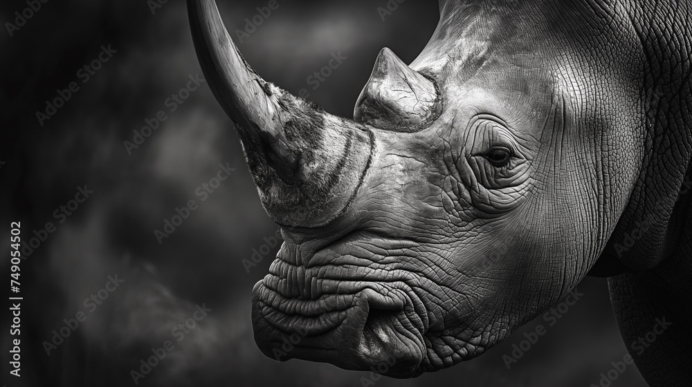 Rosto de um rinoceronte visto de lado em preto e branco -  Papel de parede 