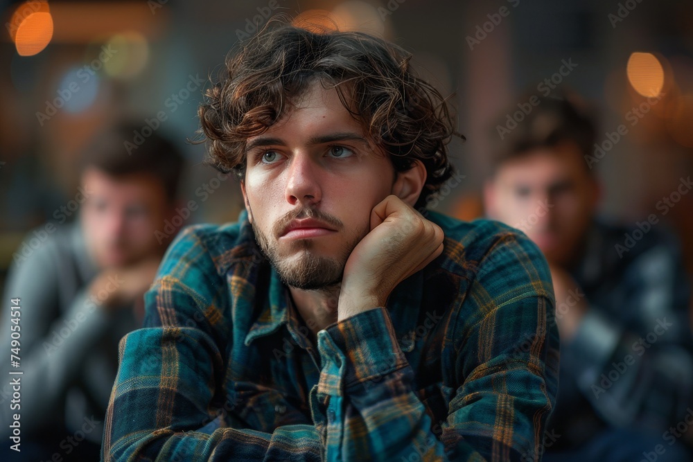 Young man with tousled hair and a beard looks off into the distance, deep in thought Young man with tousled hair and a beard looks off into the distance, deep in thought