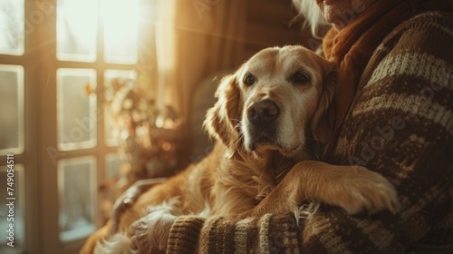  lonely senior woman with her golden retriever lovely dog at home in autumn.