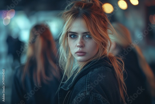 A captivating portrait of a blonde woman in an urban environment with moody evening lighting