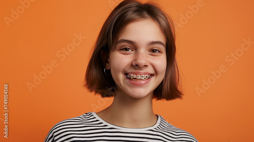 Jovem adorável de  cabelo curto usando aparelho nos dentes isolada no fundo laranja - Papel de parede 