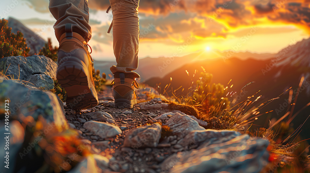young man hiking in mountains at sunset with backpack, rocky hills young man hiking in mountains at sunset with backpack, rocky hills