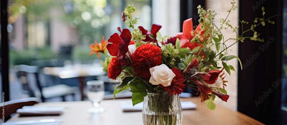 Fototapeta premium A vase on top of a wooden table is filled with a vibrant mix of red and white flowers. The arrangement sits elegantly inside a restaurant, adding a pop of color to the space.