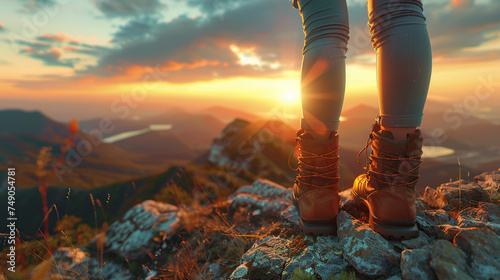 young  man hiking in mountains at sunset with backpack, rocky hills  photo