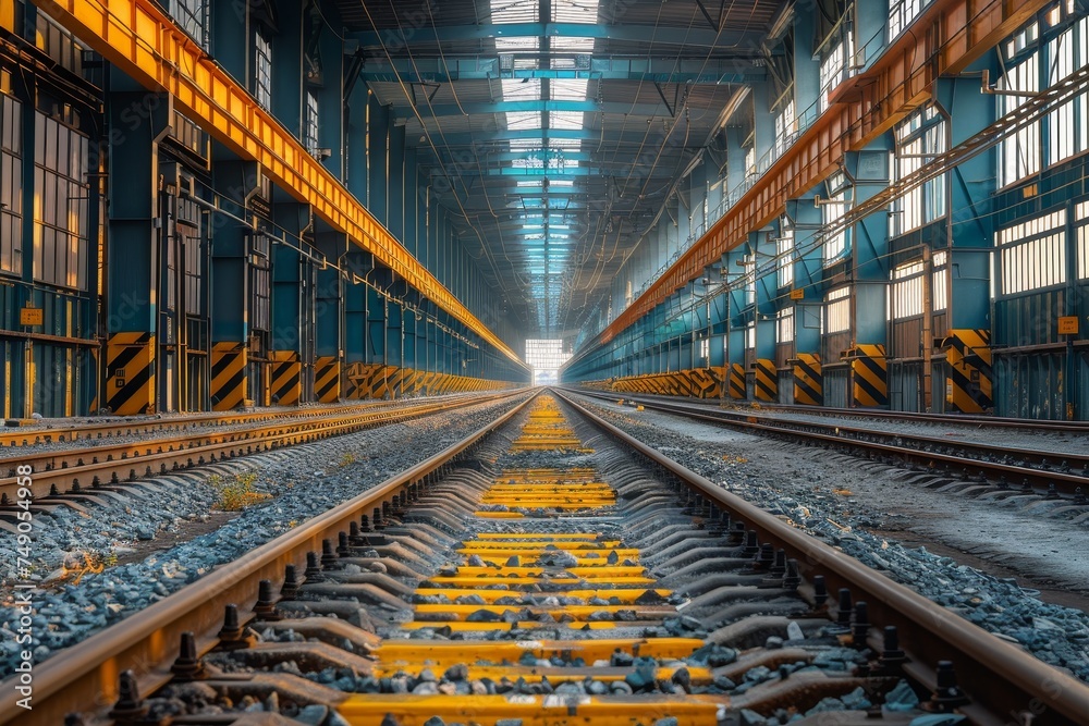 Rail tracks stretch into the distance in an industrial warehouse, symbolizing transportation and commerce Rail tracks stretch into the distance in an industrial warehouse, symbolizing transportation and commerce