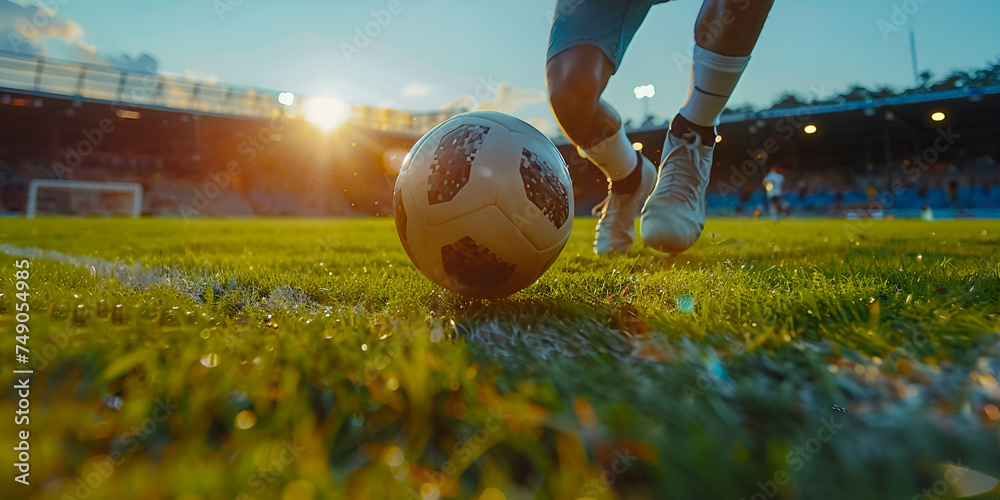 A Soccer Talent of a Soccer Player Practicing Ball Mastery football boot kicking a soccer ball, goal moment. - obrazy, fototapety, plakaty 