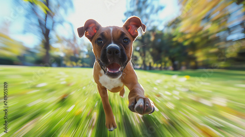 A Young Boxer Dog running in a park