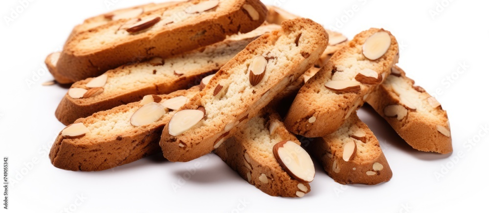 A stack of Italian almond cookies known as Cantucci from Tuscany, with whole almonds placed on top, arranged neatly on a white background.