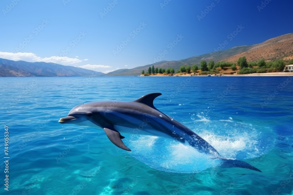 Fototapeta premium Energetic Dolphin Joyfully Leaping and Splashing Amidst the Sparkling Azure Blue Ocean Waves, Framed by the Magnificent Snow-Capped Peaks of a Majestic Mountain Range in the Serene Distance