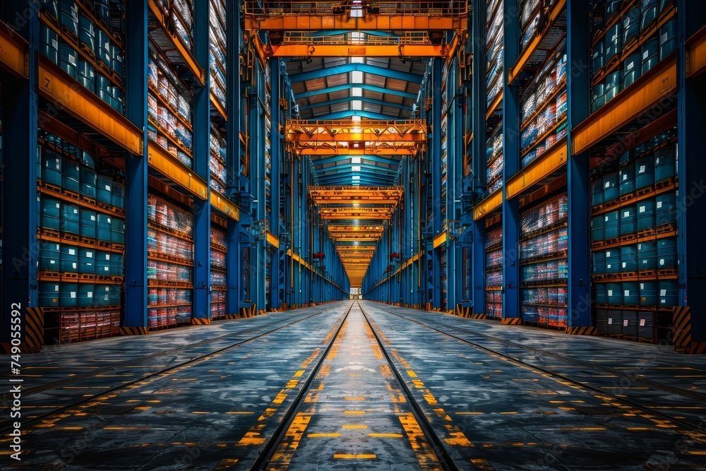 This image shows the vast, organized storage system of an automated high-bay warehouse with towering shelves This image shows the vast, organized storage system of an automated high-bay warehouse with towering shelves
