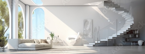 A white living room with a staircase and a window © tydeline