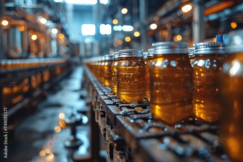 An industry setting showcasing honey jars on a conveyor belt, highlighting mass production and food industry concepts
