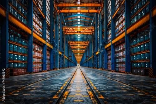 This image shows the vast, organized storage system of an automated high-bay warehouse with towering shelves photo