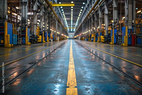A wide-angle shot that captures the expanse of an empty industry production hall with ceiling lights and yellow track lines