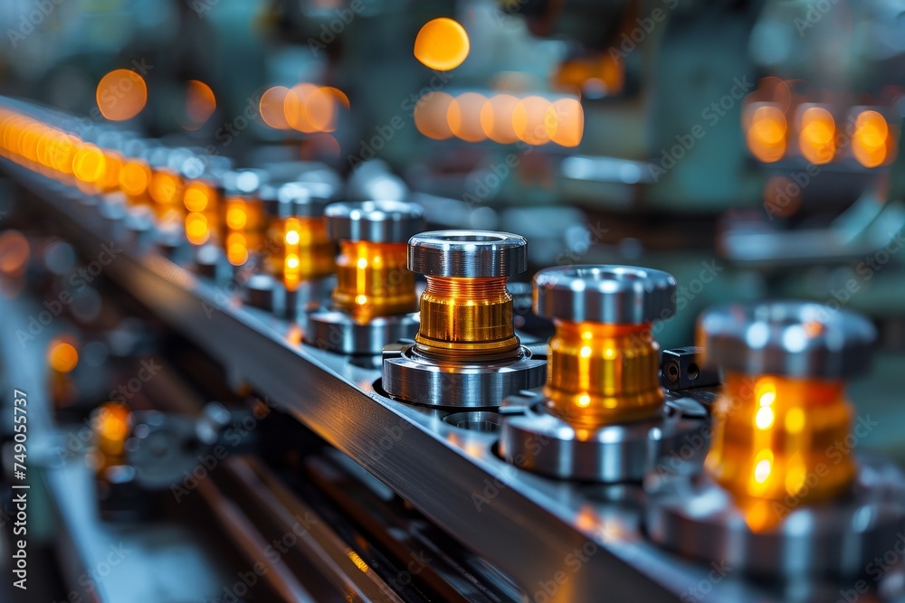 Close-up of machine-made precision parts on a conveyor belt in an industrial setting highlights the beauty of manufacturing