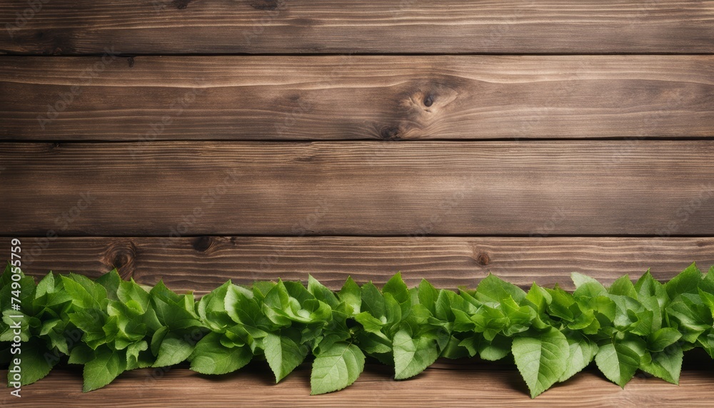 Natural beauty - Fresh greenery against rustic wood backdrop Natural beauty - Fresh greenery against rustic wood backdrop