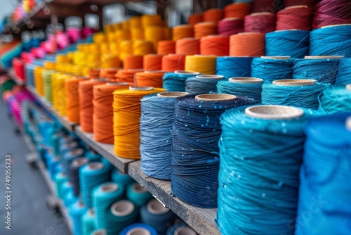 Rows of vibrant thread spools showcased, demonstrating a variety of hues for textile choices photo