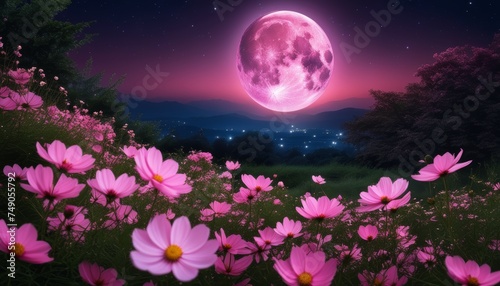 Fototapeta Naklejka Na Ścianę i Meble -   Moonlit serenity in a field of pink flowers