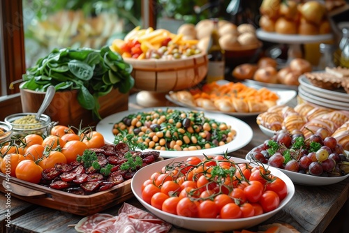 A lavish spread of various dishes and fresh produce, creating an inviting buffet setup