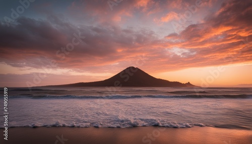  Tranquil sunset over the ocean with a majestic mountain silhouette