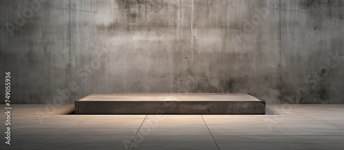 A room with bare concrete walls and a raised concrete platform. The space is minimalistic and industrial, providing a blank canvas for creative design or advertising concepts.