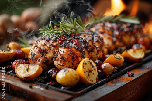 Close-up of succulent chicken skewers accompanied by grilled lemons and cherries on a barbecue grill with smoke photo