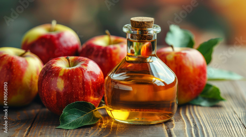 apples and Glass bottle of apple vinegar placed on brown wooden table