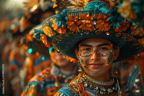 A group of individuals dressed in vibrant costumes and hats, celebrating Mexicos Independence Day with stylized outfits or cinco de mayo parade.  photo