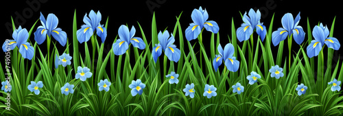 Banner of Blue iris flowers and green grass in a vibrant painting