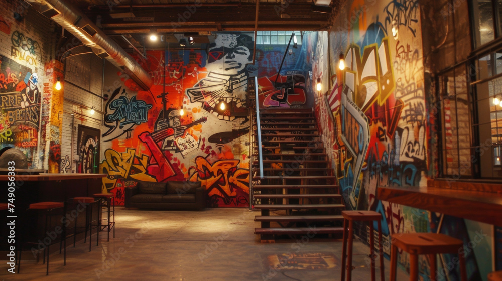 Naklejka premium Intricate street art murals adorn the walls of popular music venues providing a vibrant and everchanging backdrop for performers.