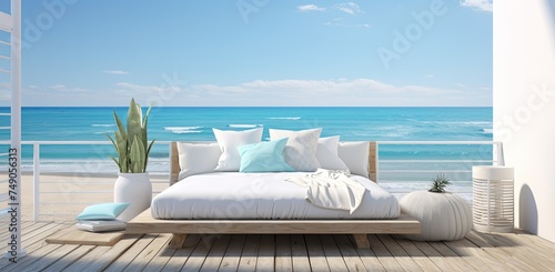 A white wooden board bed with pillows on the deck overlooking an ocean canvas printing