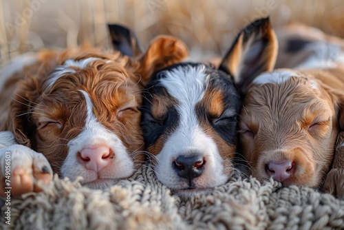 Close-up of three adorable puppies sleeping peacefully side-by-side on a soft blanket, with blurred background