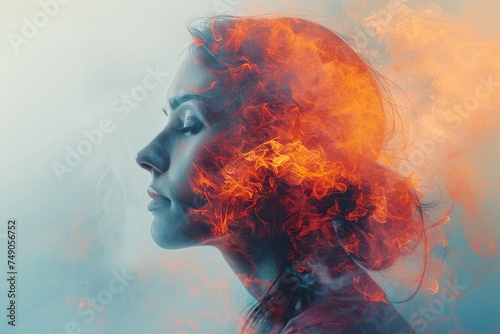 A captivating double exposure portrait of a woman with the illusion of red flames for hair, symbolizing passion and energy