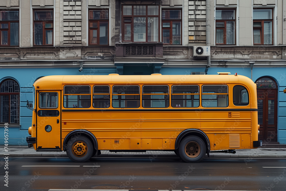 A vibrant yellow school bus is parked in front of a building, showcasing a classic mode of transportation for students A vibrant yellow school bus is parked in front of a building, showcasing a classic mode of transportation for students