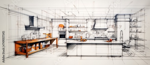 A detailed sketch showcasing a modern kitchen with a sleek sink and countertop. The drawing emphasizes the clean lines and functionality of the kitchen space  highlighting the simplicity and