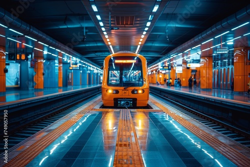 Modern orange train stands idle at a brightly lit, empty underground metro station, evoking urban efficiency photo