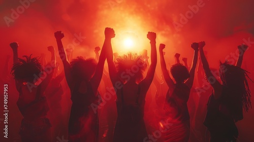 Silhouetted figures with raised fists in a red-hued atmosphere, suggesting a protest or rally for social justice or workers' rights.