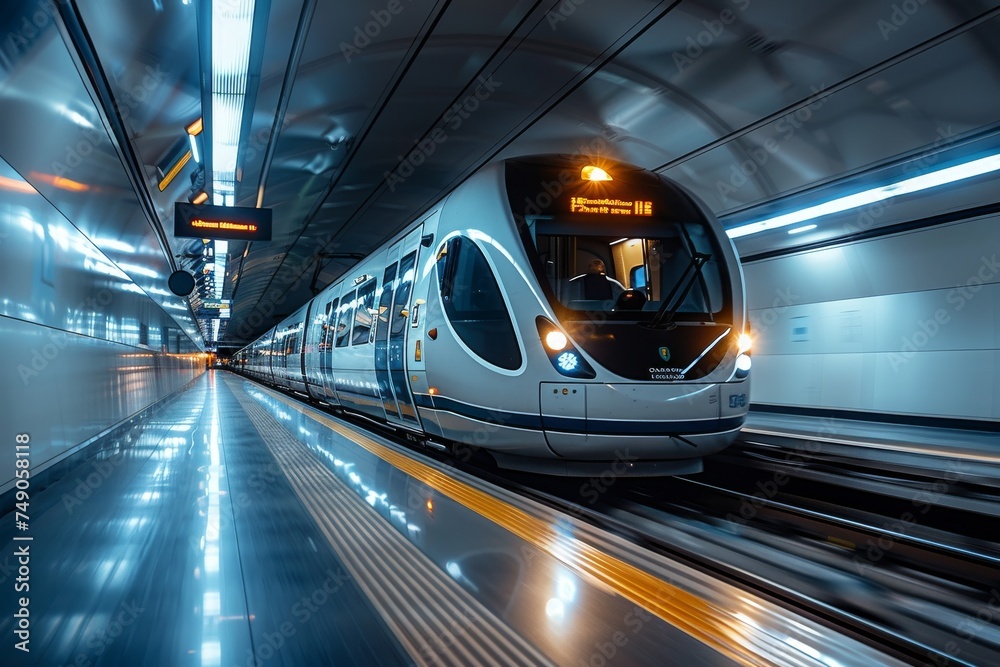 Modern and sophisticated, this commuter train is entering a well-lit underground station, reflecting the pulse of the metropolitan lifestyle