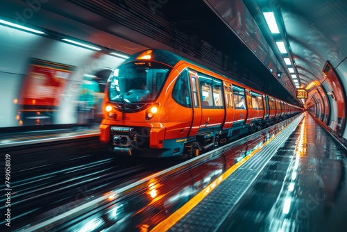 An empty orange subway train speeds through a high-tech tunnel, portraying the efficiency and rapid pace of urban transit systems