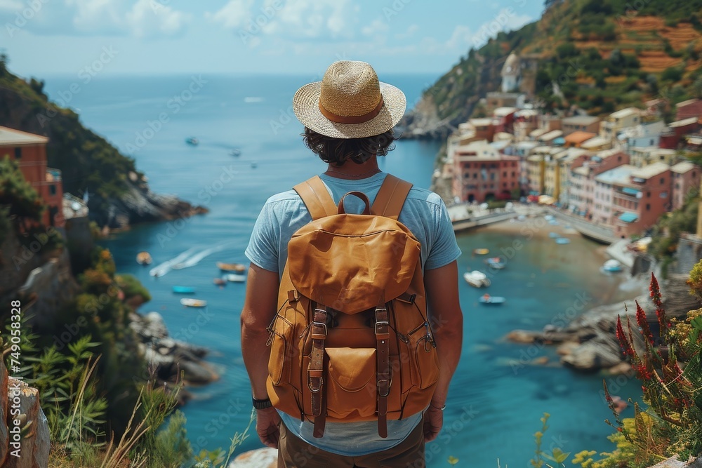 Backpacker admires a stunning coastal Italian town from a hilltop view
